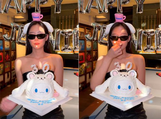 제니가 16일 생일을 기념해 SNS에 올린 영상에서 불이 붙은 생일초를 입에 물고 있는 모습. [인스타그램 캡처]