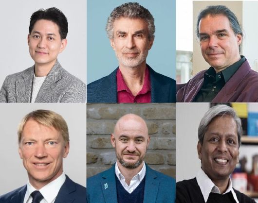 AI 개발에 관한 다국적 협력의 청사진 보고에 참여한 주요 연구진. 박경렬(윗줄 왼쪽부터) KAIST 교수, 요슈아 벤지오몬트리올대 교수, 홀거 후스 독일 아헨공대 교수, 요아힘 헨켈 독일 뭔헨공대  교수, 니콜라 미아이유 퓨처 소사이어티 공동설립자, 비재이라가반 인도 타타 연구소 교수.[KAIST 제공]