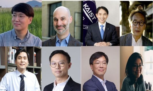 국제 심포지엄 주요 연사. 김동우( 윗줄 왼쪽부터 시계방향) KAIST 교수, 아구스틴 라요 MIT 교수, 이광형 KAIST 총장, 야스오 데구치 교토철학연구소장, 박성필 KAIST 교수, 니콜라스 장 리 연세대학교 교수, 김정 KAIST 교수, 김혜영 파리고등사범학교 연구원.[KAIST 제공]