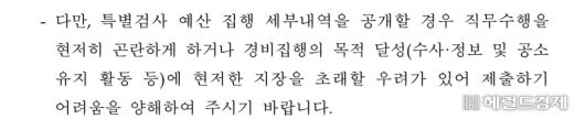 내란 특검이 수사 기간 예산 세부 내역 제출을 거부하며 제공한 설명. [나경원 의원실]