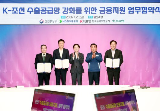 이호성 하나은행장, 이상균 HD현대중공업 대표이사 부회장(왼쪽부터), 장영진 무역보험공사 사장(오른쪽 첫 번째)이 23일 울산시청 대회의실에서 김정관 산업통상부장관(왼쪽에서 세 번째)과 김두겸 울산시장(네 번째)이 참석한 가운데 ‘K-조선 수출공급망 강화를 위한 금융지원 업무협약’을 체결했다. [울산시 제공]