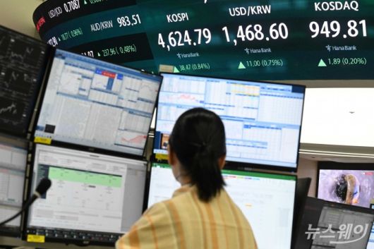 코스피가 미국 증시 강세와 주도주 상승에 힘입어 4600선에 안착하고, 장중 사상 최고치를 경신한 12일 오후 서울 중구 하나은행 본점 딜링룸에서 직원이 업무를 보고 있다. 이날 코스피는 38.47p(0.84%) 오른 4624.79 마감했다. 사진=강민석 기자 kms@newsway.co.kr