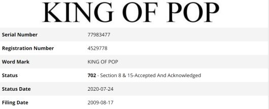 마이클 잭슨 사후 미국 특허청에 상표 등록된 '팝의 왕'
