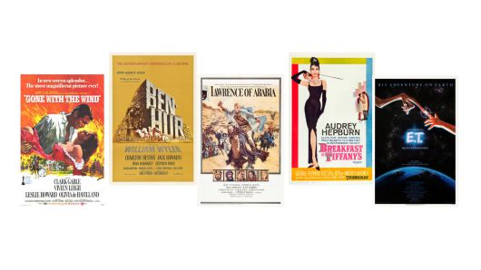 왼쪽부터 "바람과 함께 사라지다", "벤허", "아라비아의 로렌스", "티파니에서 아침을", "E.T."