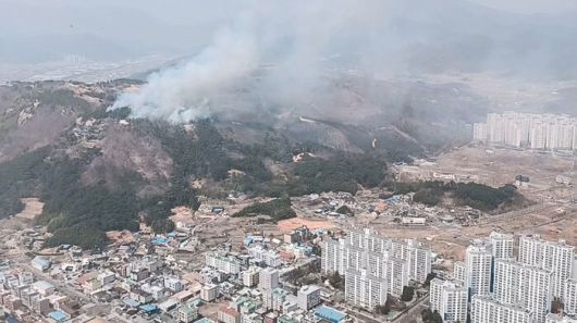 25일 울산시 울주군 언양읍 한 야산에서 불이 나 연기가 피어오르고 있다. (사진=울산소방본부 제공, 연합뉴스)