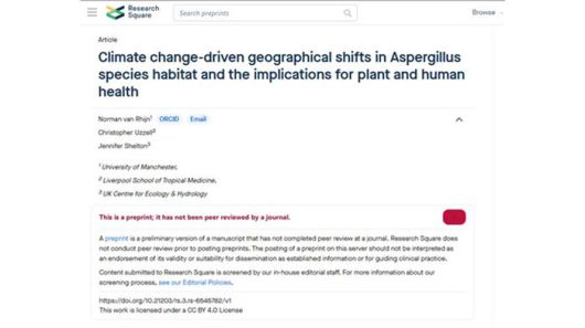 2025년 5월 2일(현지시간) 영국 맨체스터대 소속 노르만 판레인, 리버풀 열대의학대학원 소속 크리스토퍼 유젤, 영국 생태수문학센터(UKCEH) 소속 제니퍼 셸턴 등 박사후 연구원 3명이 인터넷에 공개한 아스페르길루스 균류의 지리적 이동 예상 논문 초안.