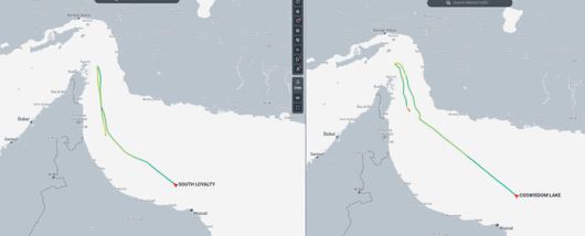 호르무즈해협 초입에서 유턴한 유조선 2척의 항로 기록