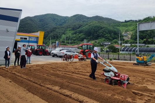 '단양에서 살아보기'에 참여한 도시민들이 삼태산농촌체험휴양마을에서 밭 정리작업을 체험하고 있다. 사진=단양군제공
