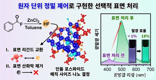 원자 단위 정밀 제어 기술을 통한 발광 효율 한계 극복 개략도