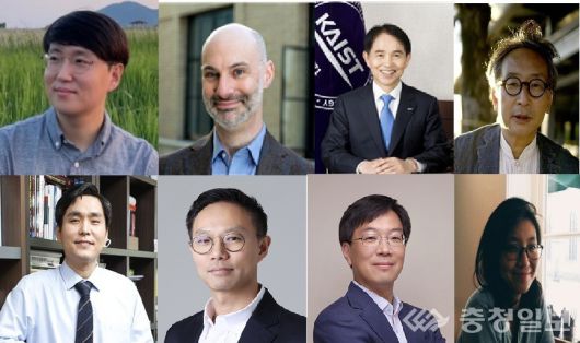 주요 연사, 왼쪽부터 KAIST 김동우 교수, MIT 아구스틴 라요 교수, KAIST 총장, 야스오 데구치 교토철학연구소장 KAIST 박성필 교수, 연세대 니콜라스 장 리 교수, KAIST 김정 교수, 김혜영 파리고등사범학교 연구원