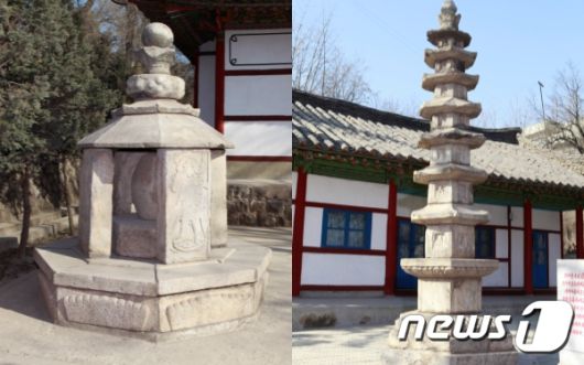 평양 개선청년공원 위쪽에 있는 용화사 경내로 옮겨진 영명사 석조불감과 흥복사 6각7층탑. 2015년 용화사가 철거되면서 다른 곳으로 이전됐다. (미디어한국학 제공) 2020.11.14.© 뉴스1