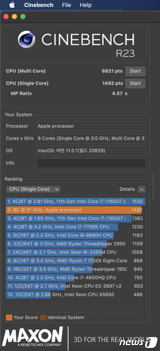 맥북에어M1의 씨네벤치 결과값 2020.12.24./뉴스1 © News1 김정현 기자