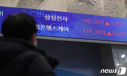 코스피 시가총액 1위 대장주 삼성전자가 지난 11일 8% 급등해 9만원선을 훌쩍 넘어서 10만원을 향해 달리고 있다. 사진은 이날 서울 여의도 한국거래소 로비 전광판 모습. 2021.1.11/뉴스1 © News1 성동훈 기자