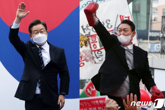 이재명 더불어민주당 대선 후보와 윤석열 국민의힘 대선후보가 1일 서울 중구 명동거리, 서울 서대문구 신촌 거리에서 각각 서울 집중유세를 펼치고 있다. 2022.3.1/뉴스1 © News1 오대일 기자