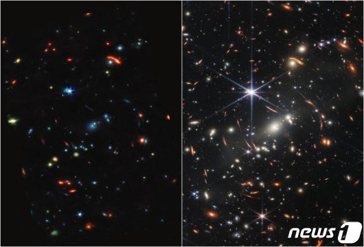 미국 항공우주국(NASA)의 제임스웹 우주망원경으로 촬영한 풀컬러 우주사진을 12일(현지시간) 공개하고 있다. © 로이터=뉴스1