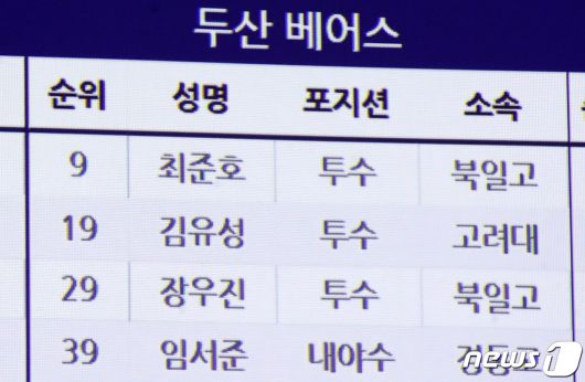 15일 오후 서울 중구 웨스틴조선호텔 그랜드볼룸에서 열린 2023 KBO 신인 드래프트에서 고려대 김유성이 두산 베어스 2라운드 2순위로 지명되며 화면에 이름이 표시되고 있다. 2022.9.15/뉴스1 ⓒ News1 임세영 기자