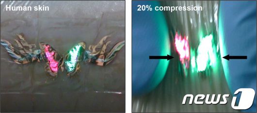 매우 얇아 다양한 물리적 변형에 대응할 수 있는 피부 부착형 페로브스카이트 LED 소자. (UNIST 제공)
