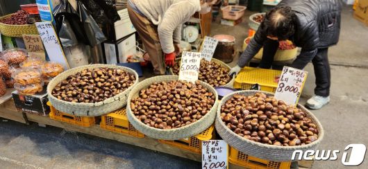 20일 서울 동대문구 경동시장에서 상인들이 햇밤을 정리하고 있다. ⓒ 뉴스1 김예원 기자