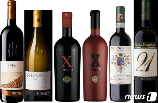 (왼쪽부터)쿠르타취의 브렌탈 화이트·트레스,  빅시오의 덴소X, 빈디 세르가르디의 모체니 89·91. 에이비씨코퍼레이션이 새로 들여온 이탈리아 와인 6종.(에이비씨코퍼레이션 제공)