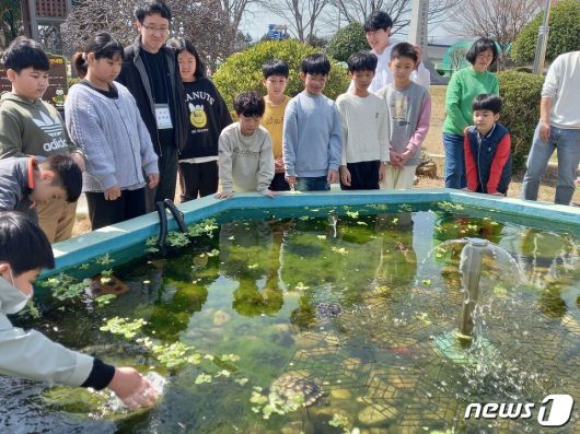 군외초등학교(교장 구용혁)- 22일 전교생과 교직원 40여명이 함께 참한 가운데 학생자치회 주관으로 학교 숲 중심에 위치한 자연생태연못 개장식을 열었다. 금붕어, 거북이, 미꾸라지 등 연못에서 생태계를 이루는 어종을 방생하는 행사도 함께 가졌다.(전남교육청 제공)/뉴스1