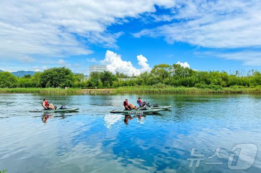 17일 오전 강원 동해시 전천 일원에서 개최된 2024 동해시 전천배 페달카약대회에 에서 참가자들이 힘찬 레이스를 펼치고 있다.(동해시 제공) 2024.8.17/뉴스1 ⓒ News1 윤왕근 기자