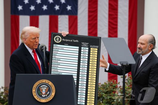 도널드 트럼프 미국 대통령이 2일(현지시간) 워싱턴 백악관 로즈가든에서 열린 ‘미국을 다시 부유하게’ 행사서 상호관세를 발표하는 행정명령 서명식 중 하워드 루트닉 상무 장관과 상호 관세율 차트를 들고 설명하고 있다. 2025.04.03 ⓒ 로이터=뉴스1 ⓒ News1 우동명 기자