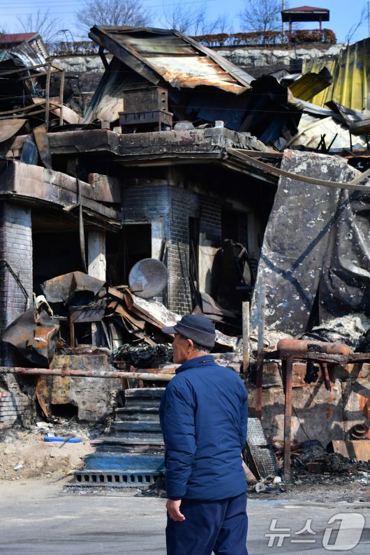 지난 3일 산불 피해를 입은 경북 영덕군 노물리에서 어촌계장이 피해 상황을 둘러보고 있다. 2025.4.3/뉴스1 ⓒ News1 최창호 기자