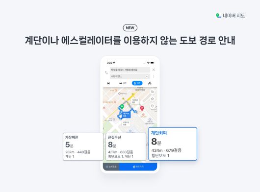 네이버지도는 '계단 회피 경로 기능'을 도입했다. 해당 기능을 활성화하면 계단을 피해 목적지까지 이동하는 경로를 안내받을 수 있다.(네이버 제공. 재판매 및 DB금지)2025.4.20/뉴스1