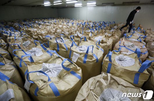 용인시 농협쌀조합공동사업법인 미곡종합처리장 저온창고에서 직원이 수매 후 보관 중인 쌀을 살펴보는 모습.  ⓒ News1 김도우 기자