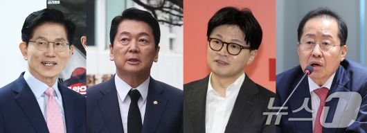 국민의힘 선거관리위원회는 22일 국회에서 2차 예비경선(컷오프) 결과를 발표했다. 왼쪽부터 김문수·안철수·한동훈·홍준표 후보. (뉴스1 DB) 2025.4.22/뉴스1