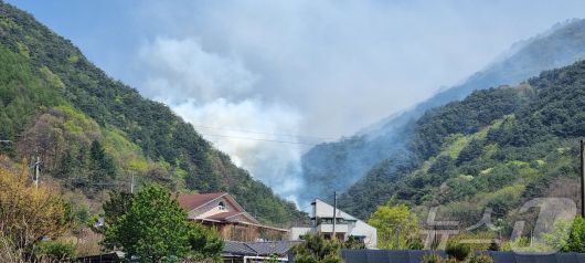 26일 강원도 인제군 상남면 야산에서 산불이 발생해 연기가 나고 있다. 산림청에 따르면 강원 인제군 상남면 하남리 일대 야산에서 발생한 산불이 확대되고 있어 오후 2시30분을 기해 산불 1단계를 발령했다. (산림청 제공, 재판매 및 DB 금지) 2025.4.26/뉴스1