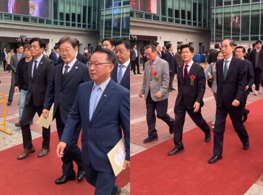 이재명 더불어민주당 대통령 후보 그리고 한덕수 무소속 대통령 선거 예비후보와 김문수 국민의힘 대통령 후보가 5일 오전 10시 서울 조계사에서 열린 봉축법요식에 입장하고 있다. 2025.5.5/뉴스1 @News1 박정환 기자