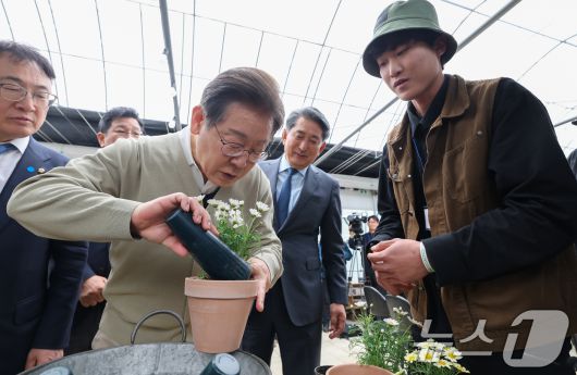 이재명 더불어민주당 대통령 후보가 '골목골목 경청투어'에 나선 6일 충북 보은군 화훼농원 숲결에서 분갈이 체험을 하고 있다. (공동취재) 2025.5.6/뉴스1 ⓒ News1 안은나 기자