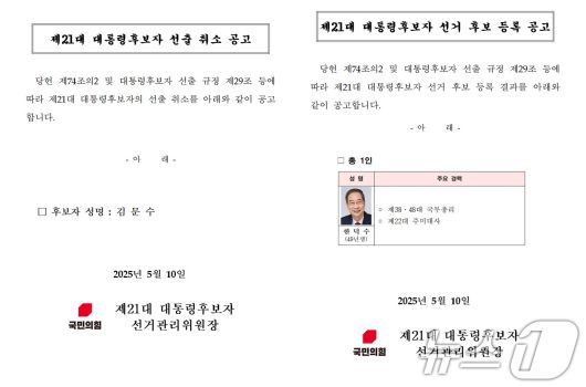 10일 새벽 국민의힘 홈페이지에 공고된 김문수 제21대 대통령후보자 선출 취소 공고 및 한덕수 후보 등록 공고문. 국민의힘은 이날 새벽 김문수 후보의 대선 후보 자격을 취소하고 한덕수 후보를 단독으로 등록했다. (국민의힘 홈페이지 캡처) 2025.5.10/뉴스1