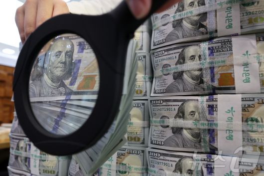 8일 서울 중구 하나은행 위변조대응센터에서 은행 관계자가 달러화를 정리하고 있다. 2025.5.8/뉴스1 ⓒ News1 황기선 기자