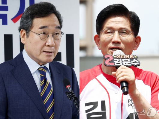 이낙연 새미래민주당 상임고문(왼쪽)이 27일 서울 여의도 당사에서 김문수 국민의힘 대통령 후보와의 개헌·공동정부 연대와 김 후보 지지를 선언하며 기자회견을 했다. 오른쪽은 김문수 후보의 유세 모습. 2025.5.27/뉴스1 ⓒ News1 안은나 기자