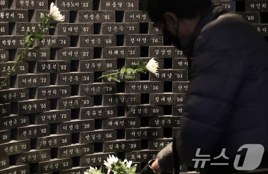 대구지하철화재참사 22주기를 앞두고 12일 오전 대구도시철도 1호선 중앙로역 기억공간을 찾은 시민추모위원회 관계자들이 희생자를 추모하고 있다. 대구지하철화재참사 22주기 시민추모위원회는 12일부터 18일까지 '대구시민안전주간'으로 정해 희생자를 추모한다. 2025.2.12/뉴스1 ⓒ News1 공정식 기자