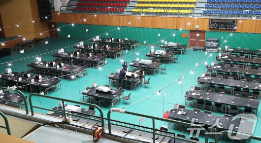 21대 대통령선거를 하루 앞둔 2일 오전 대구 남구 영남이공대 천마체육관에 마련된 개표소에서 남구선관위 관계자들이 개표 준비 상황을 점검하고 있다. ⓒ News1 공정식 기자