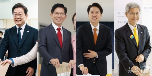 더불어민주당 이재명(왼쪽부터), 국민의힘 김문수, 개혁신당 이준석, 민주노동당 권영국 대통령 후보가 제21대 대통령선거 사전투표 첫날인 29일 투표하고 있다. 2025.5.29/뉴스1 ⓒ News1 안은나 기자