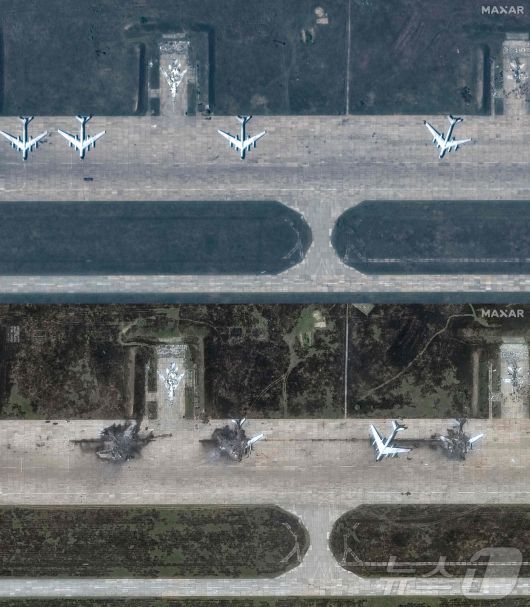 우크라이나의 드론 공격 전후 러시아 Tu-22 폭격기 상태를 비교한 위성 사진. 아래 사진이 공습 이후 파괴된 모습. 2025.06.4. ⓒ AFP=뉴스1 ⓒ News1 이지예 객원기자