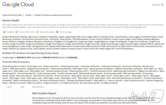 구글클라우드 상태 페이지 갈무리