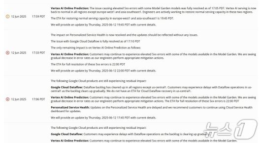 구글클라우드 상태 페이지 갈무리