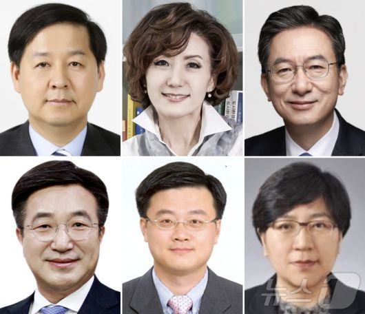 이재명 대통령은 29일 기획재정부·교육부·산업통상자원부·법무부 ·행정안전부·보건복지부 등 6개 부처 장관 인사를 단행했다고 강훈식 대통령실 비서실장이 용산 대통령실에서 브리핑을 통해 밝혔다. 사진 왼쪽부터 경제부총리 겸 기획재정부 장관 후보자로 지명된 구윤철 전 국무조정실장, 사회부총리 겸 교육부 장관 후보자로 지명된 이진숙 전 충남대 총장, 법무부 장관 후보자로 지명된 정성호 더불어민주당 의원, 행정안전부 장관 후보자로 지명된 윤호중 민주당 의원, 산업통상자원부 장관 후보자로 지명된 김정관 두산에너지빌리티 사장, 보건복지부 장관 후보자로 지명된 정은경 전 질병관리청장. (대통령실 제공. 재판매 및 DB 금지) 2025.6.29/뉴스1 ⓒ News1 이재명 기자