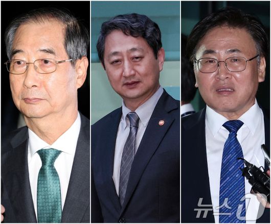 한덕수 전 국무총리(왼쪽부터), 안덕근 산업통상자원부 장관, 유상임 과학기술정보통신부 장관이 2일 서울 서초구 서울고등검찰청에 마련된 내란특검 사무실에서 조사를 받은 후 귀가하고 있다. 2025.7.3/뉴스1 ⓒ News1 김성진 기자