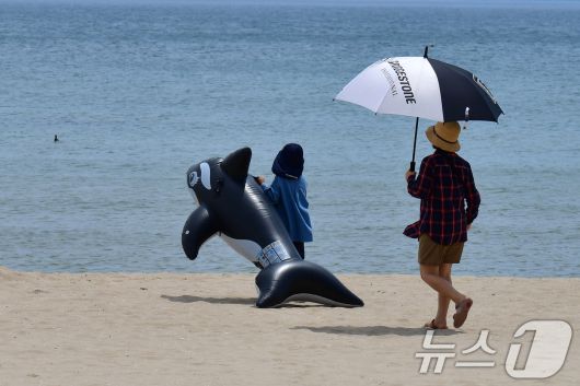 경북 포항시 전역에 폭염특보가 발령된 6일 오전 북구 영일대해수욕장에서 고래 튜브를 든 어린이가 바다를 향해 달려가고 있다. 2025.7.6/뉴스1 ⓒ News1 최창호 기자