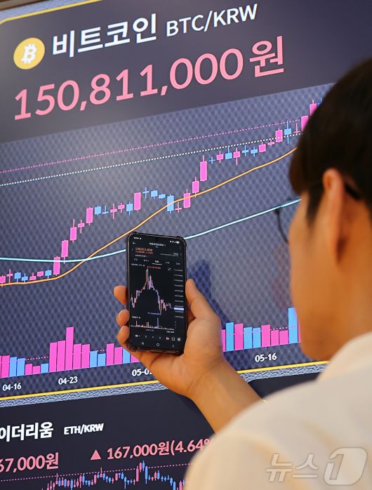10일 오후 서울 강남구 서초구 빗썸라운지 강남본점 전광판에 비트코인 거래 가격이 표시되고 있다.  2025.7.10/뉴스1 ⓒ News1 김진환 기자