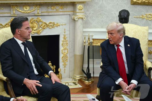 도널드 트럼프 미국 대통령이 14일(현지시간) 워싱턴DC 백악관 오벌오피스에서 마르크 뤼테 북대서양조약기구(NATO, 나토) 사무총장(왼쪽)과 만나 회담하고 있다. 트럼프 대통령은 러시아가 50일 이내에 우크라이나 전쟁을 해결하지 않으면 러시아의 무역 파트너들에 '매우 혹독한' 관세를 부과할 것이라고 경고했다. 2025.07.14 ⓒ AFP=뉴스1 ⓒ News1 류정민 특파원