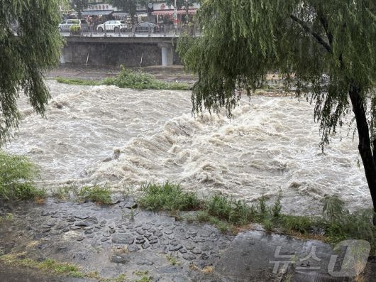 17일 오전 10시 10분을 기해 광주에 호우경보가 발령된 가운데 광주 도심을 가로지르는 광주천의 수위도 빠른 속도로 상승하면서 둔치가 침수 직전에 놓여 있다. 2025.7.17/뉴스1 ⓒ News1 김태성 기자