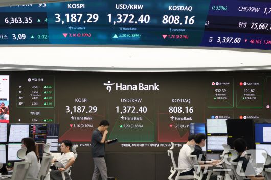 25일 오전 서울 중구 하나은행 딜링룸에 코스피와 코스닥, 원달러 환율이 표시 되고 있다. 2025.7.25/뉴스1 ⓒ News1 장수영 기자