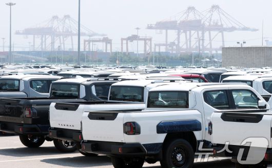 미국의 상호관세 유예 종료시한을 3일 앞둔 29일 경기 평택시 포승읍 평택항에 수출용 차량이 세워져 있다. 2025.7.29/뉴스1 ⓒ News1 김영운 기자